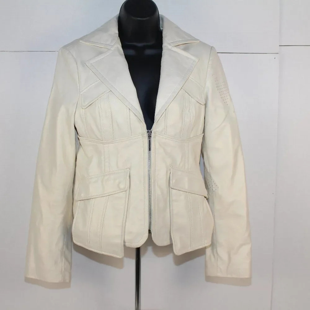 bebe Women’s White Leather Fitted Blazer Jacket Zip Front Size M